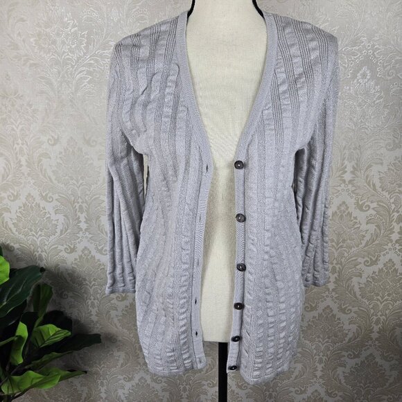Ruby Rd Size Medium Silver Metallic Ribed Cardigan Button Front Knit Sweater - Picture 1 of 11
